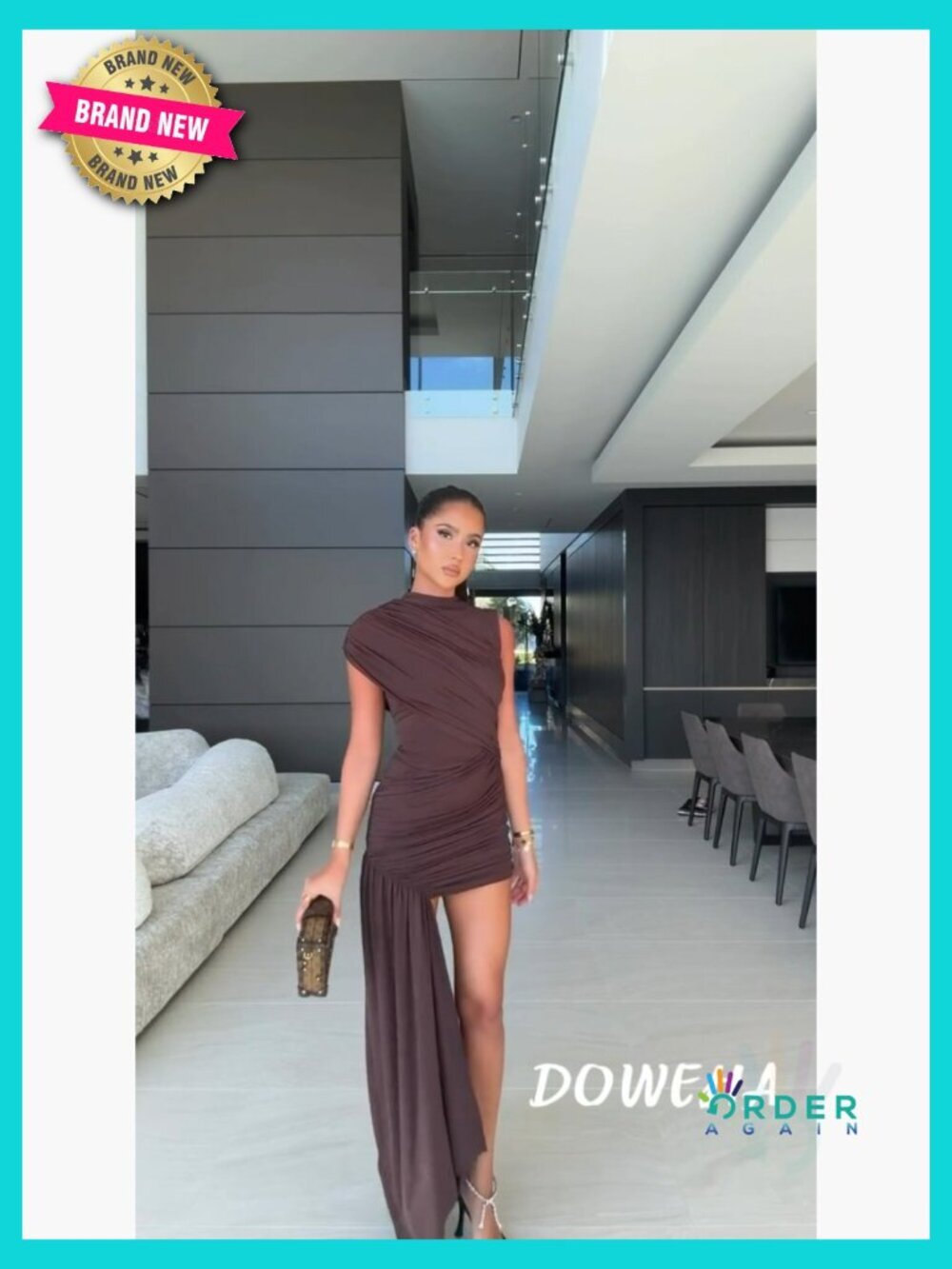 Elegant Bodycon Ruched Short Dress Mock Neck Asymmetrical Wrap Mini Cocktail - Picture 6 of 7